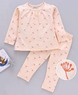 Babyoye Cotton Knit Full Sleeves Night Suit Floral Print - Peach