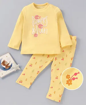 Babyoye Full Sleeves Anti Bacterial Cotton Knit Night Suit Floral Print - Yellow