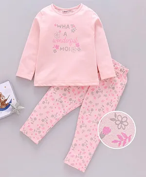 Babyoye Full Sleeves Anti Bacterial Cotton Night Suit Text and Floral Print - Pink