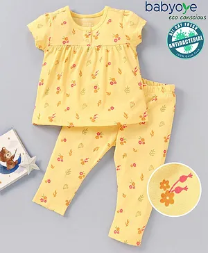 Babyoye 100% Cotton With Anti-Bacterial Finish Short Sleeves Night Suit Floral Print - Yellow