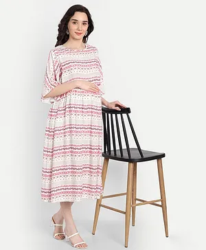Aaruvi Ruchi Verma Half Bell Sleeves Paisley & Flower Bands Printed Fit & Flare Maternity Dress - White