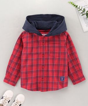 Babyhug Full Sleeves Cotton Hooded Shirt Checks - Red