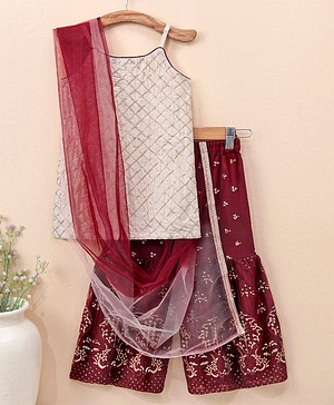 Babyhug Sleeveless Kurti & Sharara with Dupatta with Sequins Detailing & Floral Embroidery - Beige & Maroon