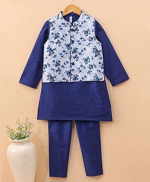 Babyhug Full Sleeves Solid Kurta & Pyjama Set With Floral Printed Jacket - Royal Blue