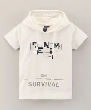 Ruff Half Sleeves Hooded T-Shirt Text Print - White