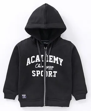 Ruff Full Sleeves Knit Hooded Sweatshirt Text Print- Black