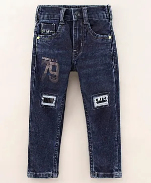 Ruff Full Length Washed Denim Jeans Text Printed - Dark Blue
