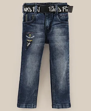 Ruff Full Length Cotton Denim Slim Fit Jeans Text Print with Belt - Blue
