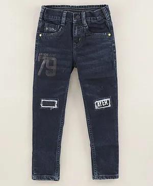 Ruff Full Length Washed Denim Slim Fit Jeans Text Printed - Navy