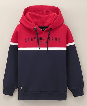 Ruff Full Sleeves Hooded Sweatshirt Stay True Print - Red  Navy Blue