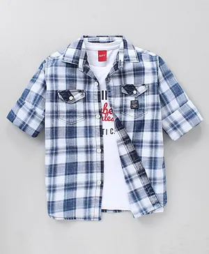 RUFF Full Sleeves Checks Shirt With T-Shirt - Blue & White