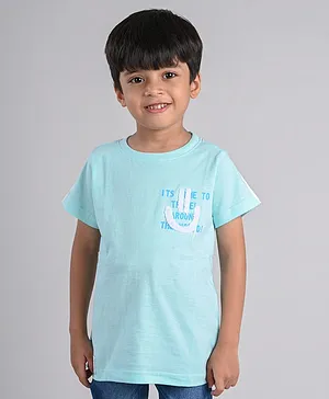 Tales & Stories Half Sleeves Smiley Detailed & Text Placement Printed Tee - Aqua Blue