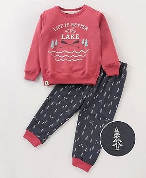 Ollypop Cotton Knit to Knit Full Sleeves Text Printed Winter Wear Tee & Lounge Pant - Red & Black