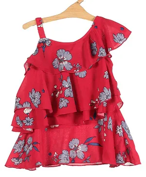 Lil Lollipop Sleeveless Floral Printed Ruffled One Shoulder Top - Red