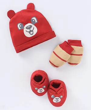 Babyoye Cotton Cap Mittens & Booties Set Bear Face Print Red - Diameter 16 cm
