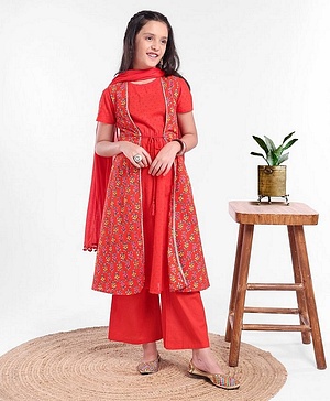 Pine Kids Half Sleeves Kurti And Churidar Set With Jacket- Red