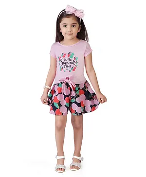Tiny Girl Half Sleeves Happy Summer Apples Printed Top & Skirt Set - Pink