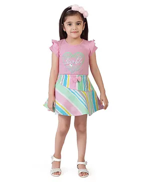 Tiny Girl Short Frill Sleeves Lovable Heart Placement Printed Top &  Multi Coloured Striped Skirt - Pink