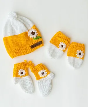 The Original Knit Flower Detailed Handmade Colour Block Cap With Coordinating Mittens & Booties - Yellow & White