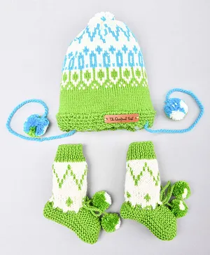 The Original Knit Unisex Chevron Patterned Handmade Cap With Socks - Green & White