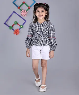 Beyabella Full Puffed Sleeves Gingham Checked Ruffle Detailed Angrakha Style Top With Shorts - Black & White
