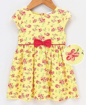 Babyhug 100% Cotton Cap Sleeves Frock Dress with Bow Applique - Yellow