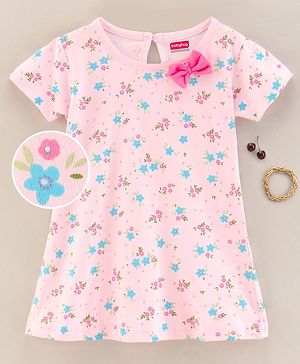 Babyhug 100% Cotton Knit Short Sleeves Floral Printed Frock with Bow Corsage - Light Pink