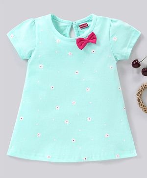 Babyhug 100% Cotton Half Sleeves Frock with Bow Floral Print - Mint