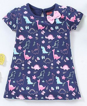 Babyhug 100% Cotton Knit Half Sleeves Frock Dino Print - Navy Blue