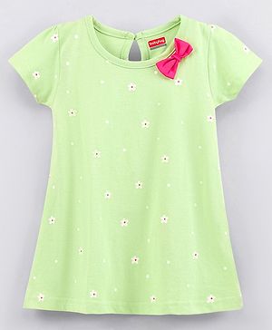 Babyhug 100% Cotton Half Sleeves Frock with Bow Floral Print - Light Green