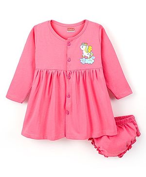 Babyhug 100% Cotton Knit Three Forth Sleeves Frock With Bloomer Unicorn Print - Pink