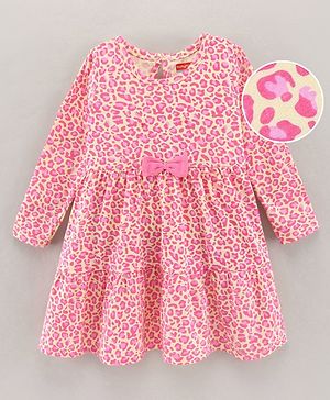 Babyhug 100% Cotton Full Sleeves Frock Leopard Print - Yellow