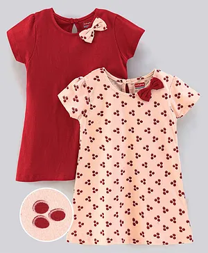 Babyhug 100% Cotton Half Sleeves Solid Color Frock with Bow Applique and Small Circle Print Pack of 2 - Red Peach