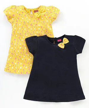 Babyhug 100% Cotton Knit Short Sleeves Frocks with Bow Applique - Blue & Yellow