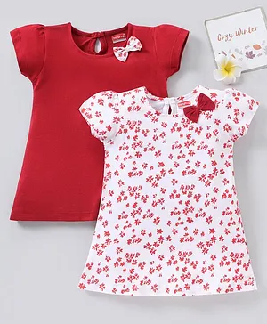 Babyhug 100% Cotton Cap Sleeves Frock With Bow Applique Floral Print Pack of 2- Red White