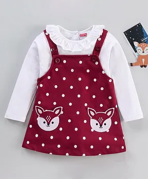 Babyhug 100% Cotton Sleeveless Frock With Full Sleeves Inner Tee Fox and Dots Print - White and Brown