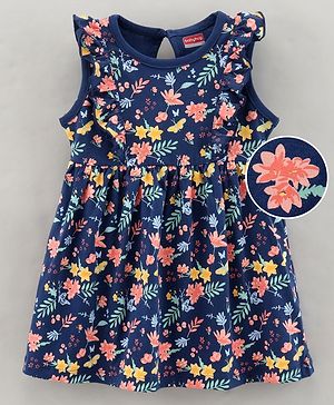 Babyhug Half Sleeves 100% Cotton Sleeveless Frock Floral Print - Navy