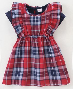 Babyhug Yarndyed Woven Check Frock With 100% Cotton Knitted Half Sleeves Inner Tee - Red