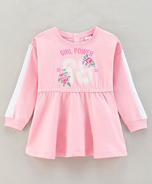 Babyhug 100% Cotton Full Sleeves Text Printed Frock - Pink - 2-3Y Pink