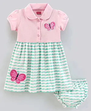 Babyhug Short Sleeves 100% Cotton Frock with Bloomer Butterfly Patch - Pink