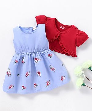 Babyhug 100% Cotton Frock With Short Sleeves Shrug Floral Embroidery- Light Blue & Red