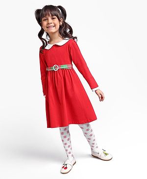 Babyhug Full Sleeves Solid Colour Frock With Leggings Floral Embroidery - Red - 2-3Y Red