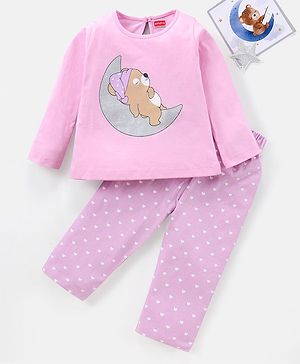 Babyhug 100% Cotton Knit Full Sleeves Night Suit Sleepy Bear Print - Pink