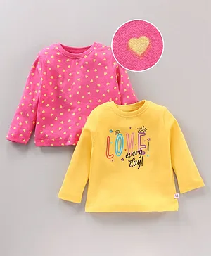BUMZEE Pack Of 2 Full Sleeves Seamless Heart With Love Text Printed Tees - Yellow & Pink
