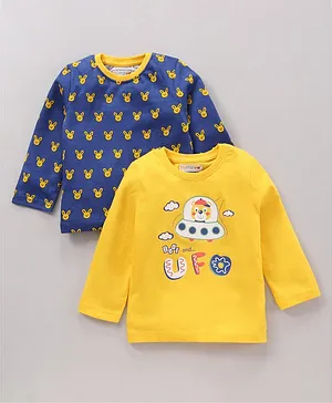 BUMZEE Pack Of 2 Full Sleeves Seamless Bunny & Bear With Text Printed Tees - Navy Blue & Yellow