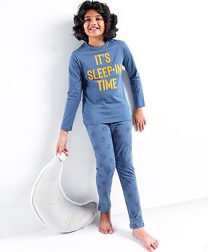 Pine Kids Full Sleeves 100% Cotton Bio-Wash HD Text Print Night Suit - Blue