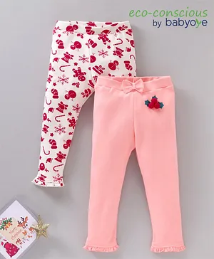 Babyoye Cotton Eco Consious Full Length Christmas Printed Leggings Pack of 2 - Multicolour