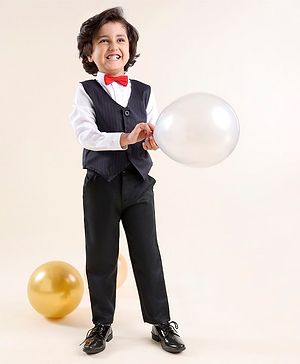 Babyhug Woven Full Sleeves Striped Party Suit with Bow Tie - Navy & Black