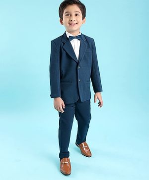 Babyhug Woven Full Sleeves Solid Party Suit with Bow Tie - Ocean Blue