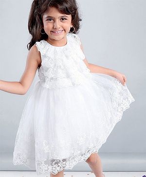 Babyhug Sleeveless Party Wear Frock Embroidered - White